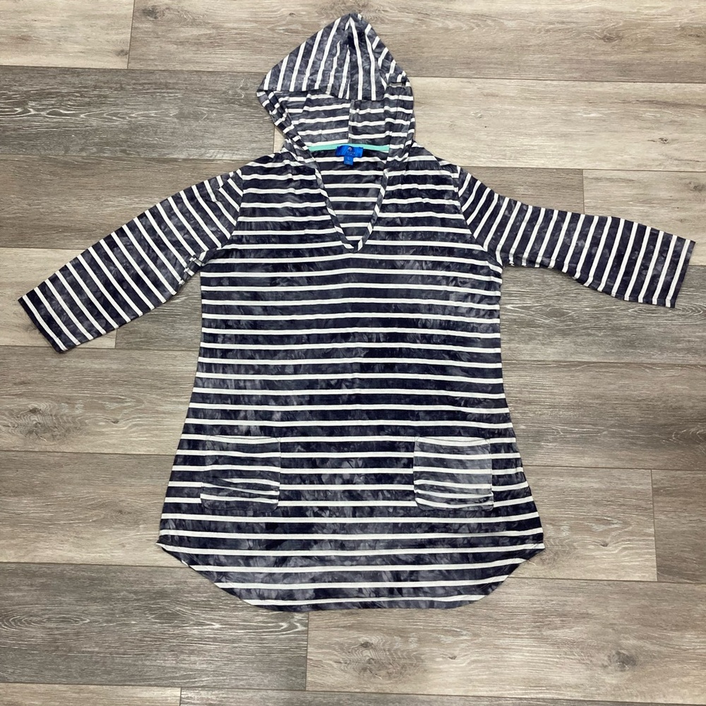 Blue Curl Beachwear Navy Blue Striped Swim Coverup Hooded with 3/4 Sleeves
